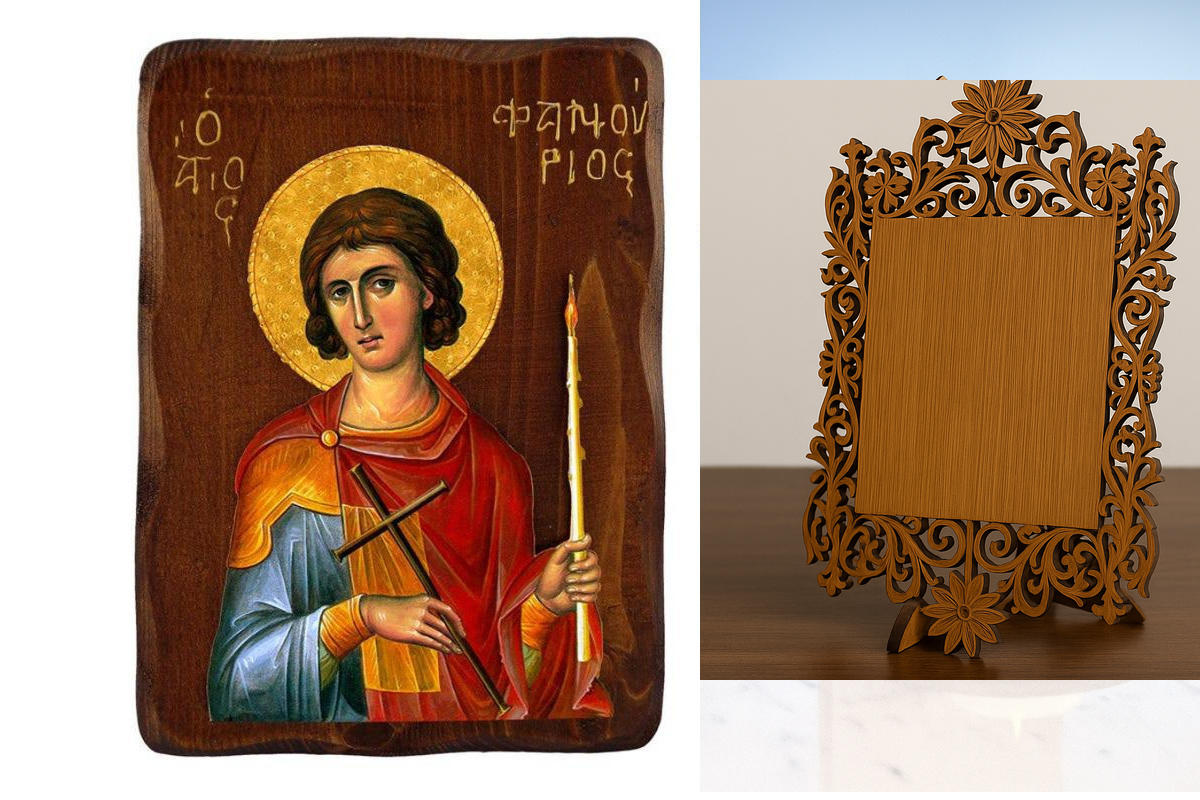 Εικόνα Ορθοδοξίας Δαντέλα μαζι με  Βάση σε  8 χρώματα με περίγραμμα χρυσό σε ξύλο Plywood (Πλακάζ)   με  βάση Εικόνα Αγίου Φανουρίου, Χειροποίητη Ελληνορθόδοξη εικόνα Αγίου Φανουρίου, επιτοίχια βυζαντινή τέχνη, θρησκευτικό δώρο, χριστιανική διακόσμηση Διά