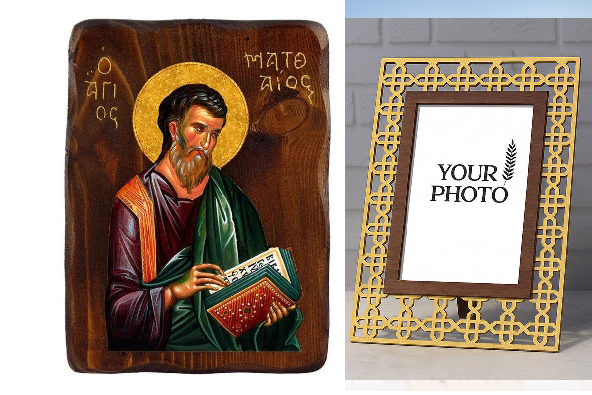 Εικόνα Ορθοδοξίας Πολυτελείας  με  σχεδιο Σταυρούς μαζι με  Βάση σε  8 χρώματα με περίγραμμα χρυσό σε ξύλο Plywood (Πλακάζ)   με  βάση Εικόνα Αγίου Ματθαίου του Αποστόλου, Χειροποίητη ελληνική εικόνα του Αγίου Ματθαίου, επιτοίχια πλάκα βυζαντινής τέχνης,