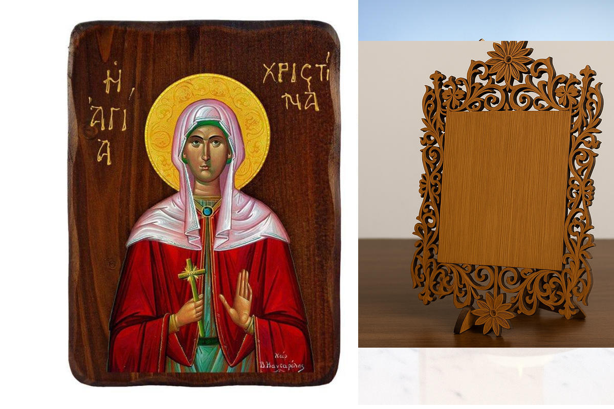 Εικόνα Ορθοδοξίας Δαντέλα μαζι με  Βάση σε  8 χρώματα με περίγραμμα χρυσό σε ξύλο Plywood (Πλακάζ)   με  βάση Εικόνα Αγίας Χριστίνας, Χειροποίητη ελληνορθόδοξη εικόνα της Αγίας Χριστίνας, επιτοίχια πλάκα βυζαντινής τέχνης, θρησκευτικό δώρο, χριστιανική δι
