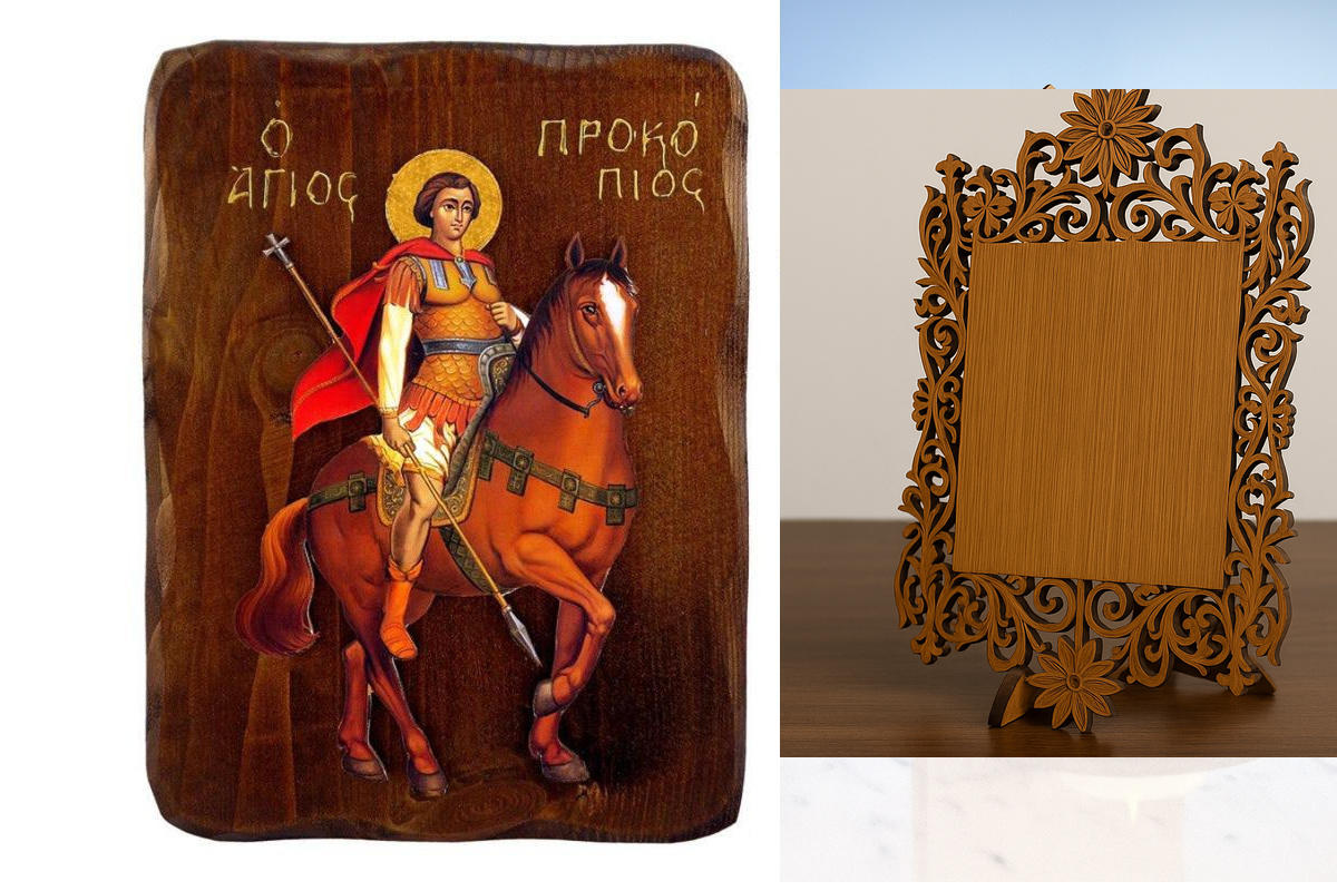 Εικόνα Ορθοδοξίας Δαντέλα μαζι με  Βάση σε  8 χρώματα με περίγραμμα χρυσό σε ξύλο Plywood (Πλακάζ)   με  βάση Εικόνα Αγίου Προκοπίου, Χειροποίητη ελληνορθόδοξη εικόνα του Αγίου Προκοπίου, επιτοίχια πλάκα βυζαντινής τέχνης, θρησκευτικό δώρο, χριστιανική δι