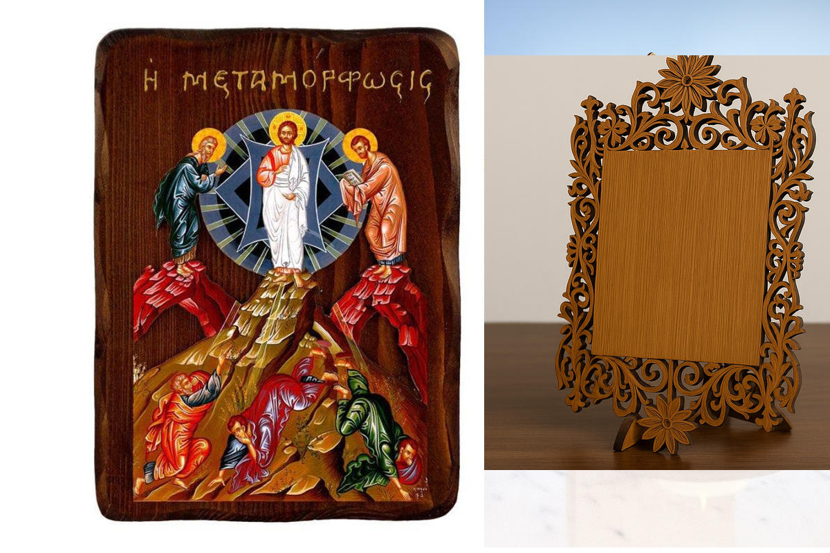 Εικόνα Ορθοδοξίας Δαντέλα μαζι με  Βάση σε  8 χρώματα με περίγραμμα χρυσό σε ξύλο Plywood (Πλακάζ)   με  βάση Εικόνα της Μεταμόρφωσης του Σωτήρος, Χειροποίητη εικόνα της Μεταμόρφωσης, Βυζαντινή επιτοίχια πλάκα, θρησκευτικό δώρο, χριστιανική διακόσμηση Διά