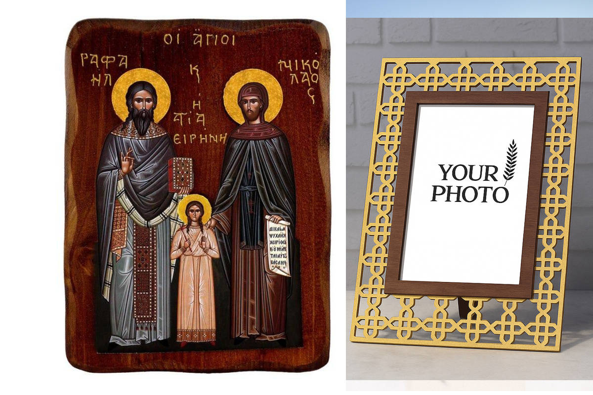 Εικόνα Ορθοδοξίας Πολυτελείας  με  σχεδιο Σταυρούς μαζι με  Βάση σε  8 χρώματα με περίγραμμα χρυσό σε ξύλο Plywood (Πλακάζ)   με  βάση Εικόνα Αγίων Ραφαήλ, Νικολάου και Ειρήνης, Χειροποίητη ελληνορθόδοξη εικόνα, επιτοίχια πλάκα βυζαντινής τέχνης, θρησκευτ