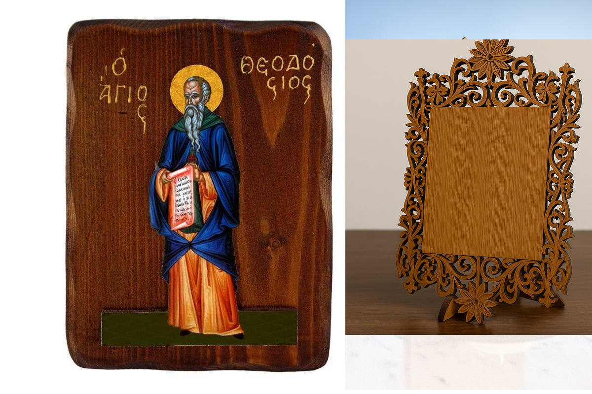 Εικόνα Ορθοδοξίας Δαντέλα μαζι με  Βάση σε  8 χρώματα με περίγραμμα χρυσό σε ξύλο Plywood (Πλακάζ)   με  βάση Εικόνα Αγίου Θεοδοσίου, Χειροποίητη ελληνορθόδοξη εικόνα του Αγίου Θεοδοσίου, επιτοίχια βυζαντινή τέχνη, θρησκευτικό δώρο, χριστιανική διακόσμηση