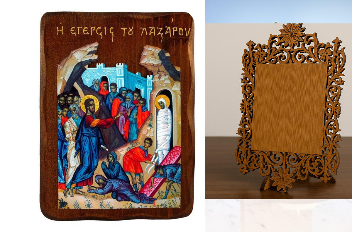 Εικόνα Ορθοδοξίας Δαντέλα μαζι με  Βάση σε  8 χρώματα με περίγραμμα χρυσό σε ξύλο Plywood (Πλακάζ)   με  βάση Η εικόνα της Ανάστασης του Λαζάρου, Χειροποίητη ελληνική εικόνα της Ανάστασης του Λαζάρου, επιτοίχια πλάκα βυζαντινής τέχνης, θρησκευτικό δώρο, χ