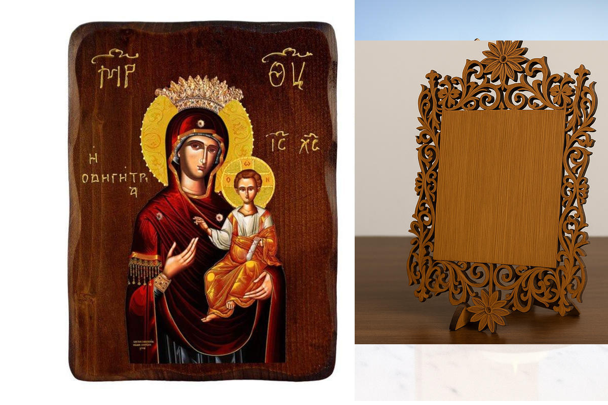 Εικόνα Ορθοδοξίας Δαντέλα μαζι με  Βάση σε  8 χρώματα με περίγραμμα χρυσό σε ξύλο Plywood (Πλακάζ)   με  βάση Εικόνα της Παναγίας της Οδού, Χειροποίητη ελληνική εικόνα της Παναγίας της Οδηγήτριας, επιτοίχια πλάκα βυζαντινής τέχνης, θρησκευτικό δώρο, χριστ