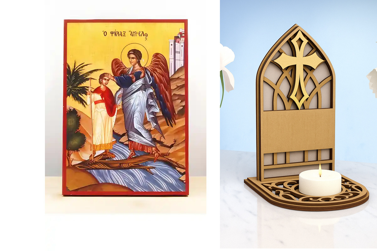 Εικόνα Ορθοδοξίας Καντηλάκι σε  8 χρώματα με περίγραμμα χρυσό σε ξύλο Plywood (Πλακάζ)   με  βάση Φύλακας Άγγελος, Ξύλινη Χειροποίητη Εικόνα Ελληνικού Premium Βυζαντινού Στυλ Κρεμασμένο σε ξύλινη πλάκα Θρησκευτικό θέμα Χειροποίητη Ελληνορθόδοξη εικόνα του