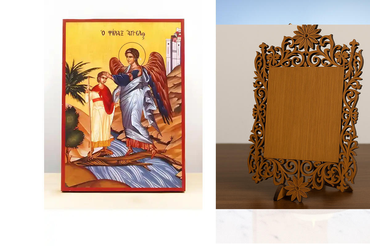 Εικόνα Ορθοδοξίας Δαντέλα μαζι με  Βάση σε  8 χρώματα με περίγραμμα χρυσό σε ξύλο Plywood (Πλακάζ)   με  βάση Φύλακας Άγγελος, Ξύλινη Χειροποίητη Εικόνα Ελληνικού Premium Βυζαντινού Στυλ Κρεμασμένο σε ξύλινη πλάκα Θρησκευτικό θέμα Χειροποίητη Ελληνορθόδοξ