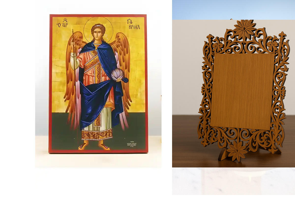 Εικόνα Ορθοδοξίας Δαντέλα μαζι με  Βάση σε  8 χρώματα με περίγραμμα χρυσό σε ξύλο Plywood (Πλακάζ)   με  βάση Αρχάγγελος Γαβριήλ Ολόσωμο, Ξύλινη Χειροποίητη Εικόνα Ελληνικού Premium Βυζαντινού Στυλ Κρεμασμένο σε ξύλινη πλάκα Θρησκευτικό θέμα Χειροποίητη Ε