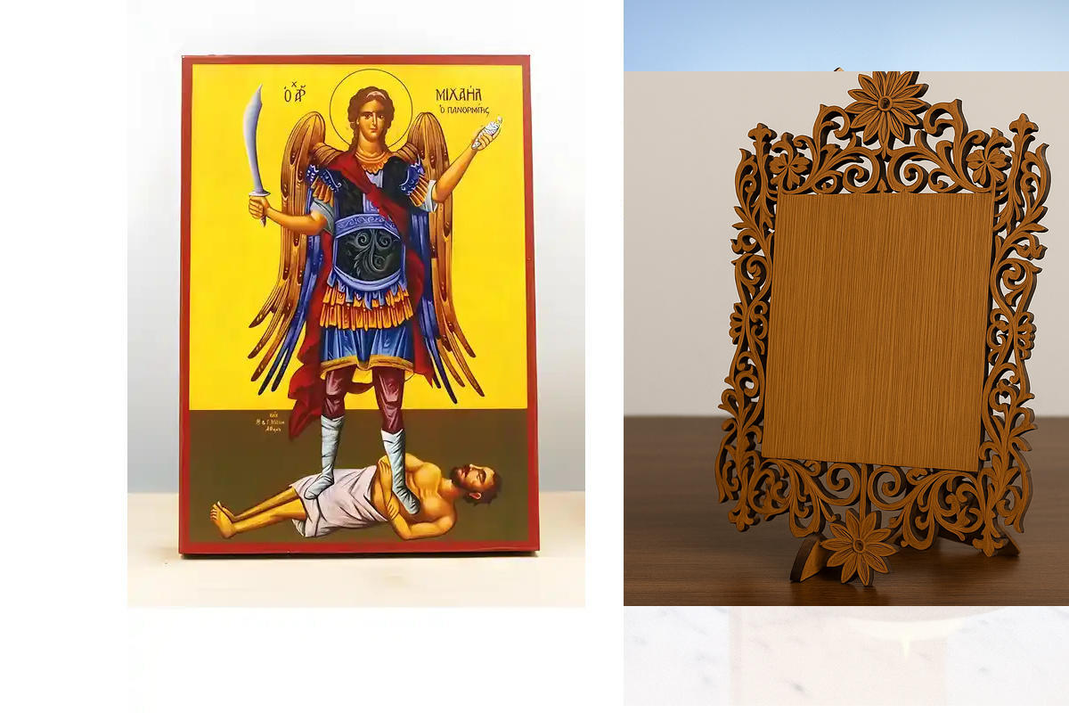 Εικόνα Ορθοδοξίας Δαντέλα μαζι με  Βάση σε  8 χρώματα με περίγραμμα χρυσό σε ξύλο Plywood (Πλακάζ)   με  βάση Αρχάγγελος Μιχαήλ Πανορμίτης Σύμης Ολόσωμο, Ξύλινη Χειροποίητη Εικόνα Ελληνικού Βυζαντινού Στυλ Κρεμαστή σε Ξυλόπλακα Θρησκευτικό Θέμα Χειροποίητ
