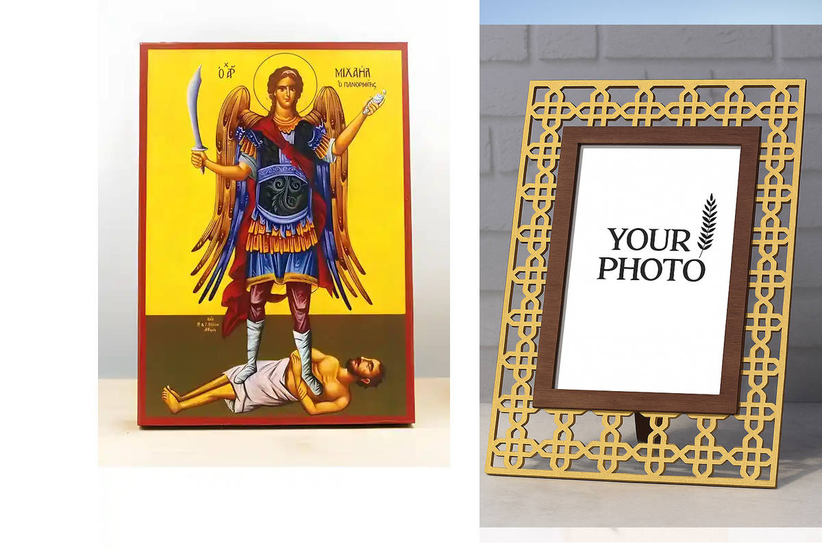 Εικόνα Ορθοδοξίας Πολυτελείας  με  σχεδιο Σταυρούς μαζι με  Βάση σε  8 χρώματα με περίγραμμα χρυσό σε ξύλο Plywood (Πλακάζ)   με  βάση Αρχάγγελος Μιχαήλ Πανορμίτης Σύμης Ολόσωμο, Ξύλινη Χειροποίητη Εικόνα Ελληνικού Βυζαντινού Στυλ Κρεμαστή σε Ξυλόπλακα Θρ