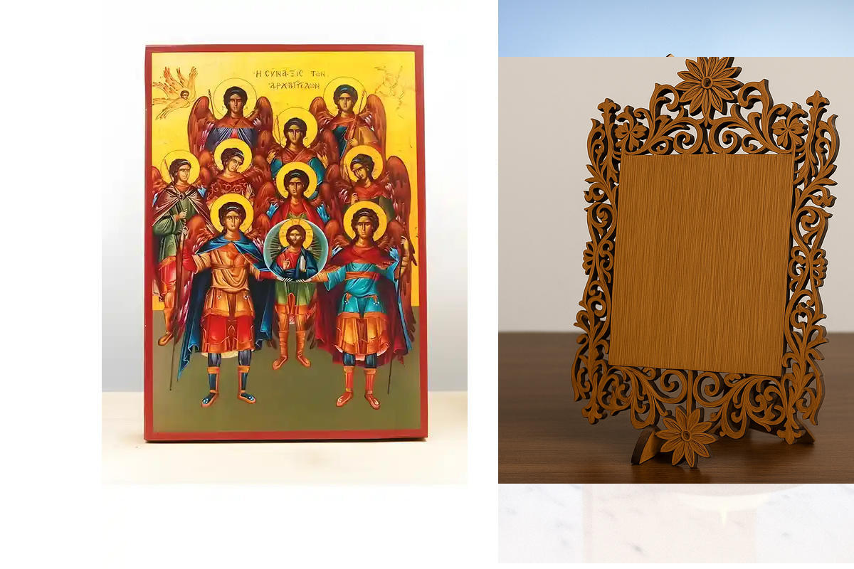 Εικόνα Ορθοδοξίας Δαντέλα μαζι με  Βάση σε  8 χρώματα με περίγραμμα χρυσό σε ξύλο Plywood (Πλακάζ)   με  βάση Σύναξη Αρχαγγέλων με τον Ιησού Χριστό, Ξύλινη Χειροποίητη Εικόνα Ελληνικού Βυζαντινού Στυλ Κρεμαστή σε Ξύλινη Πλάκα Θρησκευτικό Θέμα Χειροποίητη