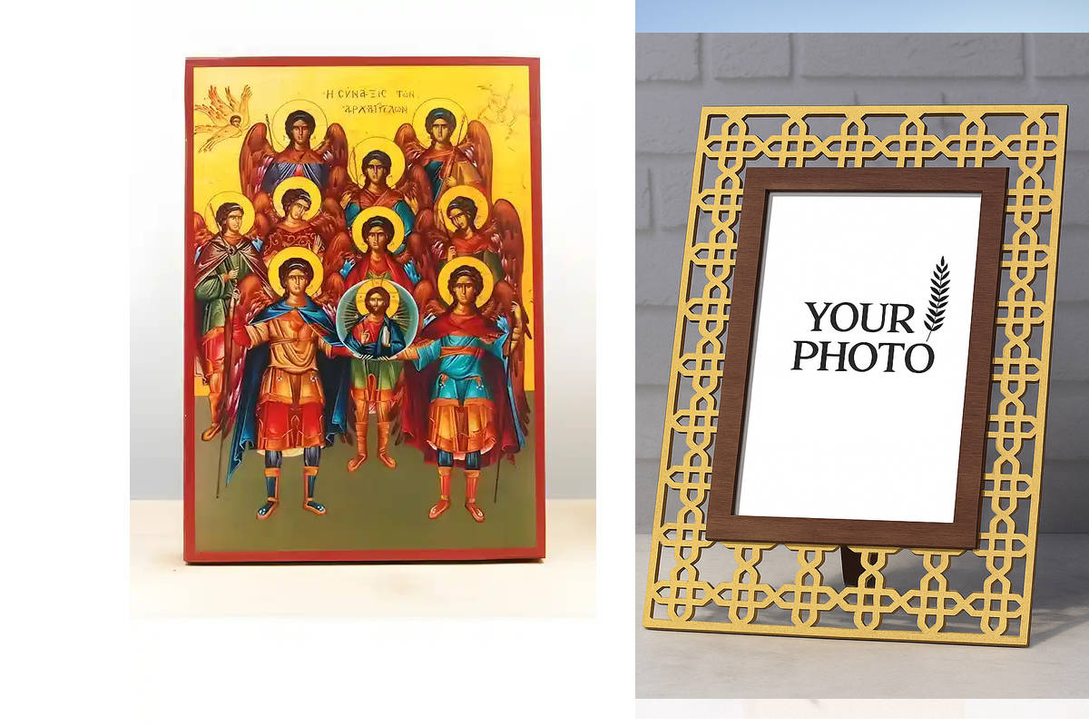 Εικόνα Ορθοδοξίας Πολυτελείας  με  σχεδιο Σταυρούς μαζι με  Βάση σε  8 χρώματα με περίγραμμα χρυσό σε ξύλο Plywood (Πλακάζ)   με  βάση Σύναξη Αρχαγγέλων με τον Ιησού Χριστό, Ξύλινη Χειροποίητη Εικόνα Ελληνικού Βυζαντινού Στυλ Κρεμαστή σε Ξύλινη Πλάκα Θρησ