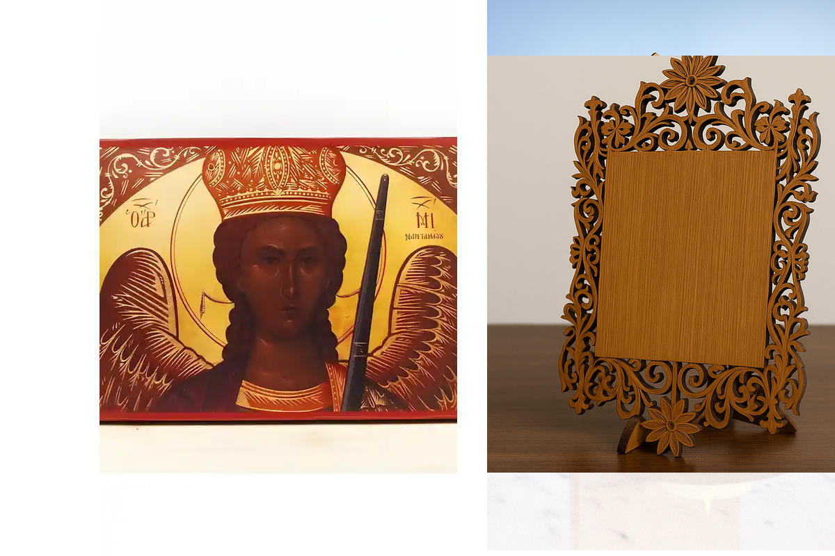 Εικόνα Ορθοδοξίας Δαντέλα μαζι με  Βάση σε  8 χρώματα με περίγραμμα χρυσό σε ξύλο Plywood (Πλακάζ)   με  βάση Αρχάγγελος Μιχαήλ του Μανταμαδόνα, Ξύλινη Χειροποίητη Εικόνα Ελληνικού Premium Βυζαντινού Στυλ Κρεμασμένο σε ξύλινη πλάκα Θρησκευτικό θέμα Χειροπ