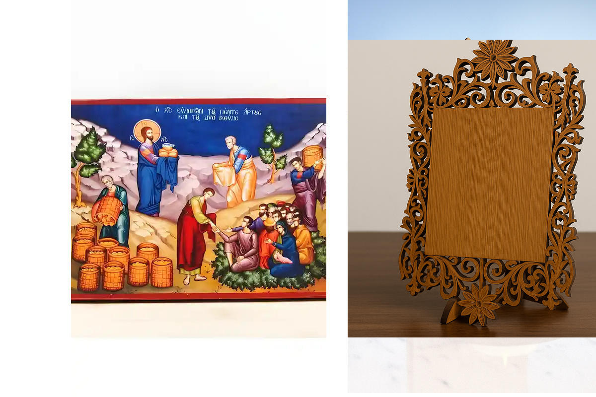 Σετ 2 τεμαχίων – Εικόνα Ορθοδοξίας Δαντέλα μαζι με  Βάση σε  8 χρώματα με περίγραμμα χρυσό σε ξύλο Plywood (Πλακάζ)   με  βάση Ο Ιησούς Χριστός Τροφοδοτεί το Πλήθος, Ξύλινη Χειροποίητη Εικόνα Ελληνικού Premium Βυζαντινού Στυλ Τοίχος Κρεμασμένο σε ξύλινη Π