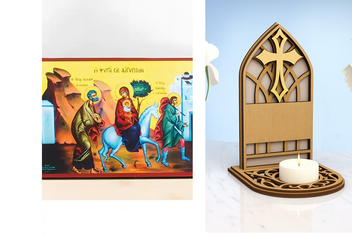 Εικόνα Ορθοδοξίας Καντηλάκι σε  8 χρώματα με περίγραμμα χρυσό σε ξύλο Plywood (Πλακάζ)   με  βάση Ο Ιησούς Χριστός η Απόδραση στην Αίγυπτο, Ξύλινη Χειροποίητη Εικόνα Ελληνικού Premium Βυζαντινού Στυλ Κρεμασμένο σε ξύλινη πλάκα Θρησκευτικό θέμα Χειροποίητη