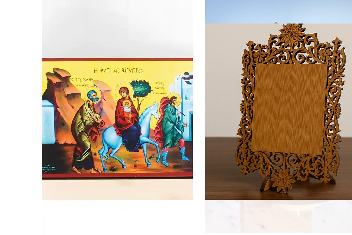 Σετ 2 τεμαχίων – Εικόνα Ορθοδοξίας Δαντέλα μαζι με  Βάση σε  8 χρώματα με περίγραμμα χρυσό σε ξύλο Plywood (Πλακάζ)   με  βάση Ο Ιησούς Χριστός η Απόδραση στην Αίγυπτο, Ξύλινη Χειροποίητη Εικόνα Ελληνικού Premium Βυζαντινού Στυλ Κρεμασμένο σε ξύλινη πλάκα