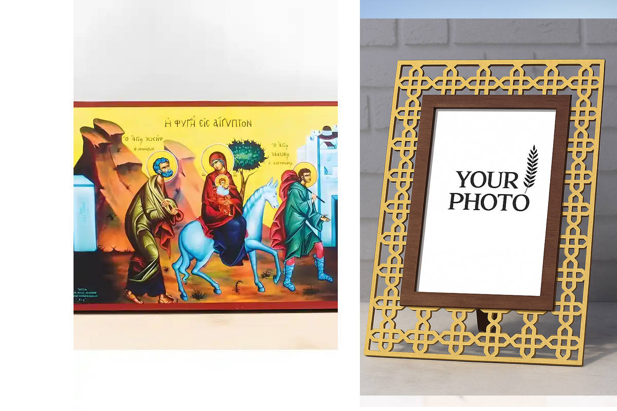 Εικόνα Ορθοδοξίας Πολυτελείας  με  σχεδιο Σταυρούς μαζι με  Βάση σε  8 χρώματα με περίγραμμα χρυσό σε ξύλο Plywood (Πλακάζ)   με  βάση Ο Ιησούς Χριστός η Απόδραση στην Αίγυπτο, Ξύλινη Χειροποίητη Εικόνα Ελληνικού Premium Βυζαντινού Στυλ Κρεμασμένο σε ξύλι