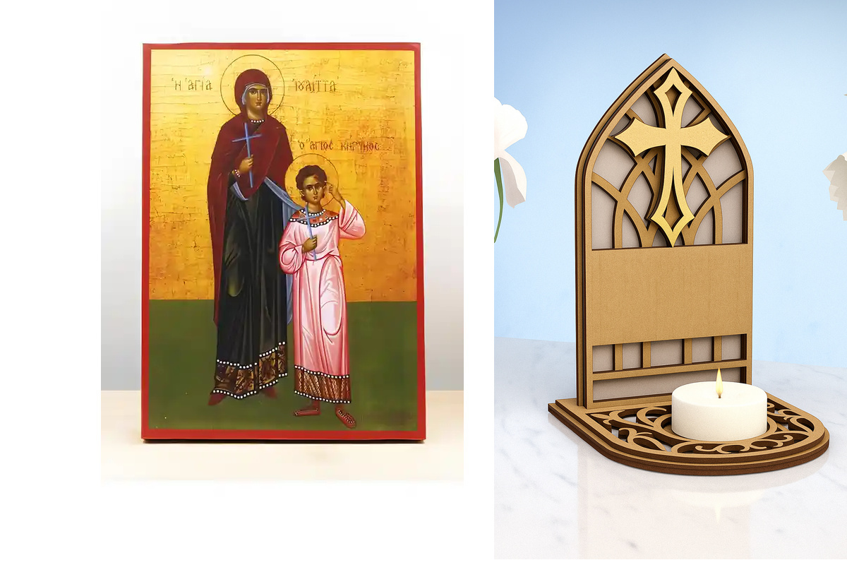 Εικόνα Ορθοδοξίας Καντηλάκι σε  8 χρώματα με περίγραμμα χρυσό σε ξύλο Plywood (Πλακάζ)   με  βάση Άγιοι Κύρικος και Ιουλίττα, Ξύλινη Χειροποίητη Εικόνα Ελληνικής Premium Βυζαντινού Στυλ Κρεμασμένη σε ξύλινη πλάκα Χειροποίητη Ελληνορθόδοξη εικόνα του Ιησού