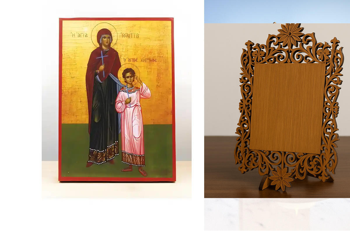 Σετ 2 τεμαχίων – Εικόνα Ορθοδοξίας Δαντέλα μαζι με  Βάση σε  8 χρώματα με περίγραμμα χρυσό σε ξύλο Plywood (Πλακάζ)   με  βάση Άγιοι Κύρικος και Ιουλίττα, Ξύλινη Χειροποίητη Εικόνα Ελληνικής Premium Βυζαντινού Στυλ Κρεμασμένη σε ξύλινη πλάκα Χειροποίητη Ε