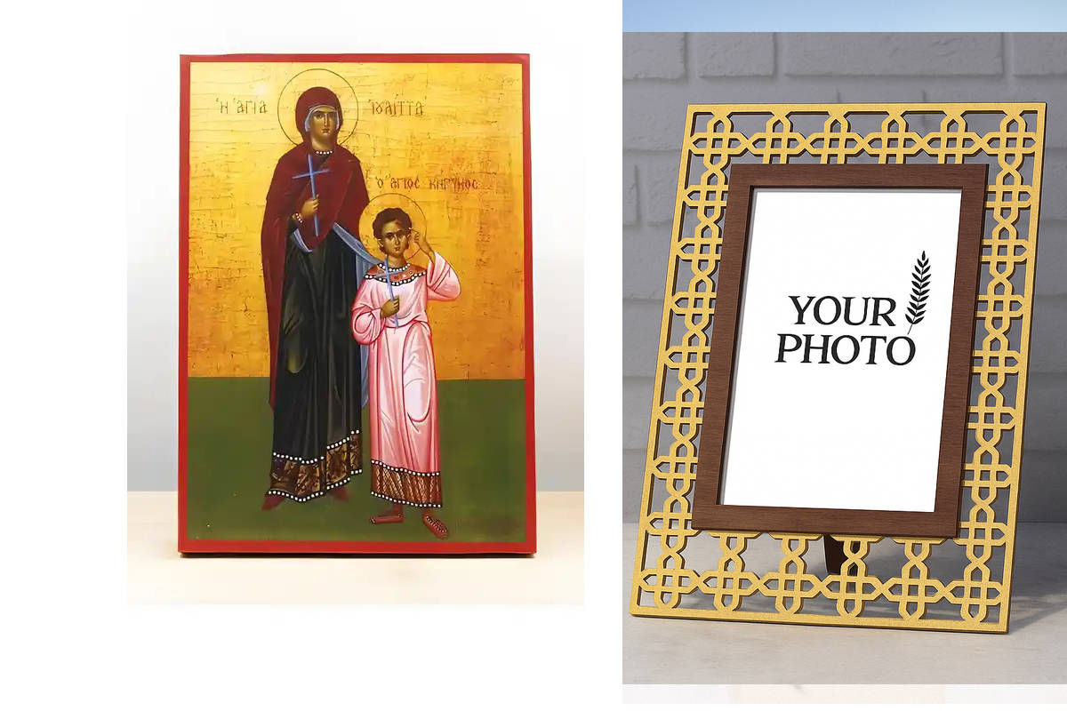 Εικόνα Ορθοδοξίας Πολυτελείας  με  σχεδιο Σταυρούς μαζι με  Βάση σε  8 χρώματα με περίγραμμα χρυσό σε ξύλο Plywood (Πλακάζ)   με  βάση Άγιοι Κύρικος και Ιουλίττα, Ξύλινη Χειροποίητη Εικόνα Ελληνικής Premium Βυζαντινού Στυλ Κρεμασμένη σε ξύλινη πλάκα Χειρο