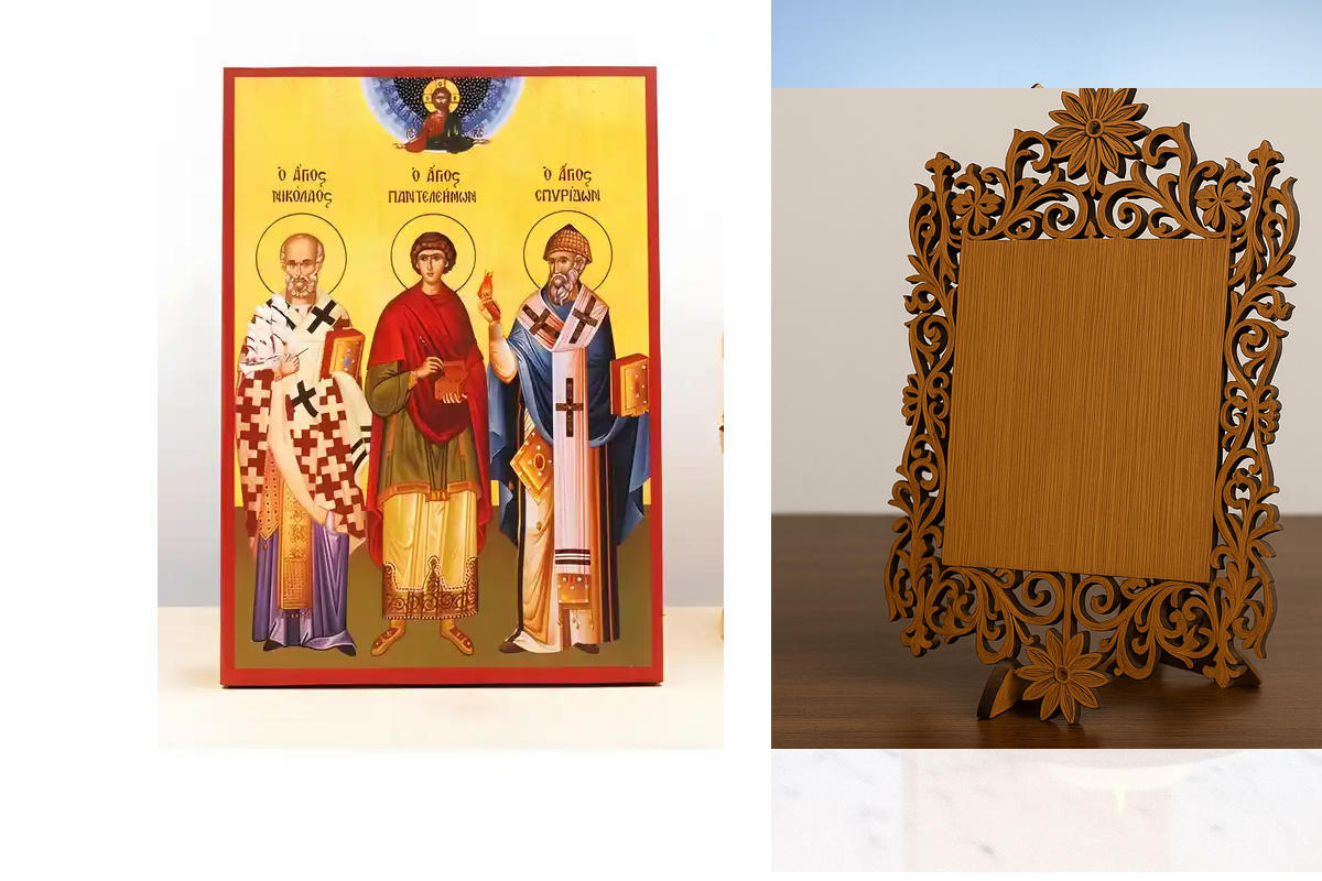Εικόνα Ορθοδοξίας Δαντέλα μαζι με  Βάση σε  8 χρώματα με περίγραμμα χρυσό σε ξύλο Plywood (Πλακάζ)   με  βάση Άγιοι Νικόλαος, Πανταλέων και Σπυρίδων, Ξύλινη Χειροποίητη Εικόνα Ελληνικού Βυζαντινού Στυλ Κρεμαστή σε Ξύλινη Πλάκα Θρησκευτικό Θέμα Χειροποίητη