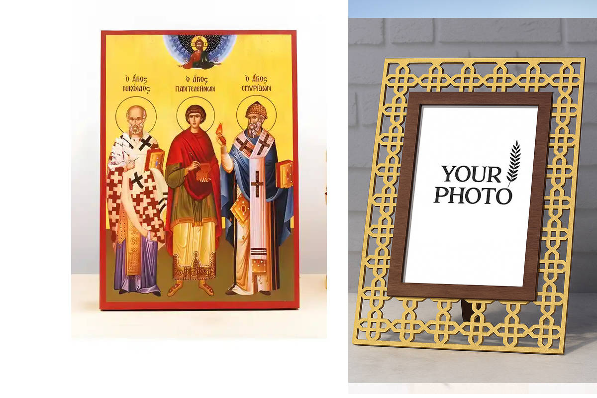 Εικόνα Ορθοδοξίας Πολυτελείας  με  σχεδιο Σταυρούς μαζι με  Βάση σε  8 χρώματα με περίγραμμα χρυσό σε ξύλο Plywood (Πλακάζ)   με  βάση Άγιοι Νικόλαος, Πανταλέων και Σπυρίδων, Ξύλινη Χειροποίητη Εικόνα Ελληνικού Βυζαντινού Στυλ Κρεμαστή σε Ξύλινη Πλάκα Θρη