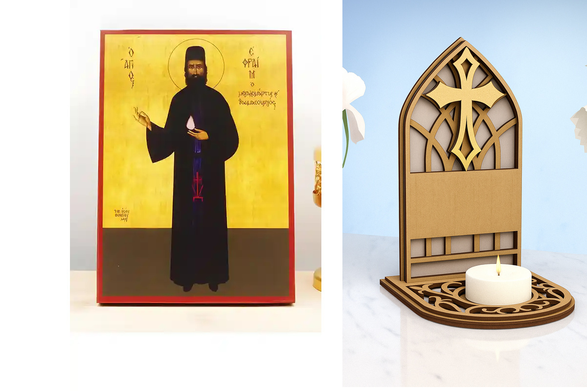 Εικόνα Ορθοδοξίας Καντηλάκι σε  8 χρώματα με περίγραμμα χρυσό σε ξύλο Plywood (Πλακάζ)   με  βάση Άγιος Εφραίμ Νέας Μάκρης ο Νεομάρτυς Ολόσωμος, Ξύλινη Χειροποίητη Εικόνα Ελληνικής Βυζαντινής Τεχνοτροπίας Κρεμαστή σε ξύλινη πλάκα Χειροποίητη Ελληνορθόδοξη