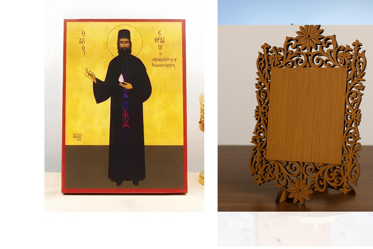 Εικόνα Ορθοδοξίας Δαντέλα μαζι με  Βάση σε  8 χρώματα με περίγραμμα χρυσό σε ξύλο Plywood (Πλακάζ)   με  βάση Άγιος Εφραίμ Νέας Μάκρης ο Νεομάρτυς Ολόσωμος, Ξύλινη Χειροποίητη Εικόνα Ελληνικής Βυζαντινής Τεχνοτροπίας Κρεμαστή σε ξύλινη πλάκα Χειροποίητη Ε