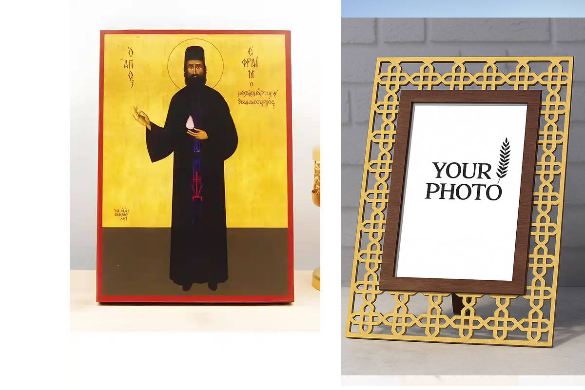 Εικόνα Ορθοδοξίας Πολυτελείας  με  σχεδιο Σταυρούς μαζι με  Βάση σε  8 χρώματα με περίγραμμα χρυσό σε ξύλο Plywood (Πλακάζ)   με  βάση Άγιος Εφραίμ Νέας Μάκρης ο Νεομάρτυς Ολόσωμος, Ξύλινη Χειροποίητη Εικόνα Ελληνικής Βυζαντινής Τεχνοτροπίας Κρεμαστή σε ξ