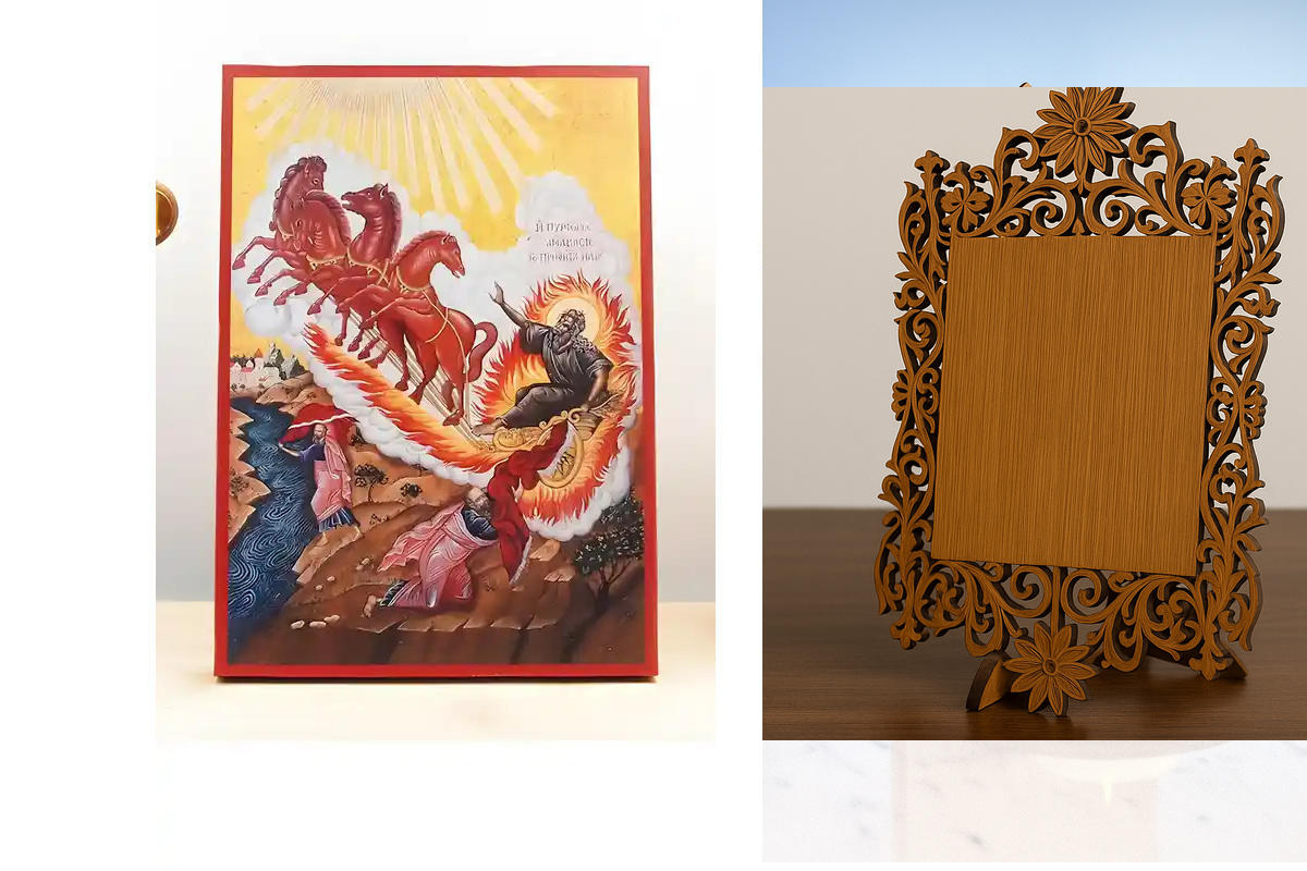 Εικόνα Ορθοδοξίας Δαντέλα μαζι με  Βάση σε  8 χρώματα με περίγραμμα χρυσό σε ξύλο Plywood (Πλακάζ)   με  βάση Άγιος Προφήτης Ηλίας ή Ηλίας Ανάληψη στους Ουρανούς, Ξύλινη Χειροποίητη Εικόνα Ελληνικού Βυζαντινού Στυλ τοίχου Κρεμασμένη σε ξύλινη πλάκα Χειροπ