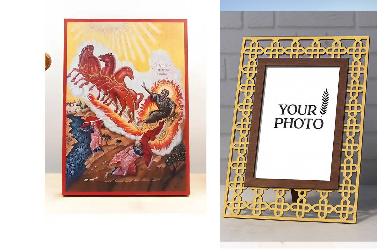 Εικόνα Ορθοδοξίας Πολυτελείας  με  σχεδιο Σταυρούς μαζι με  Βάση σε  8 χρώματα με περίγραμμα χρυσό σε ξύλο Plywood (Πλακάζ)   με  βάση Άγιος Προφήτης Ηλίας ή Ηλίας Ανάληψη στους Ουρανούς, Ξύλινη Χειροποίητη Εικόνα Ελληνικού Βυζαντινού Στυλ τοίχου Κρεμασμέ