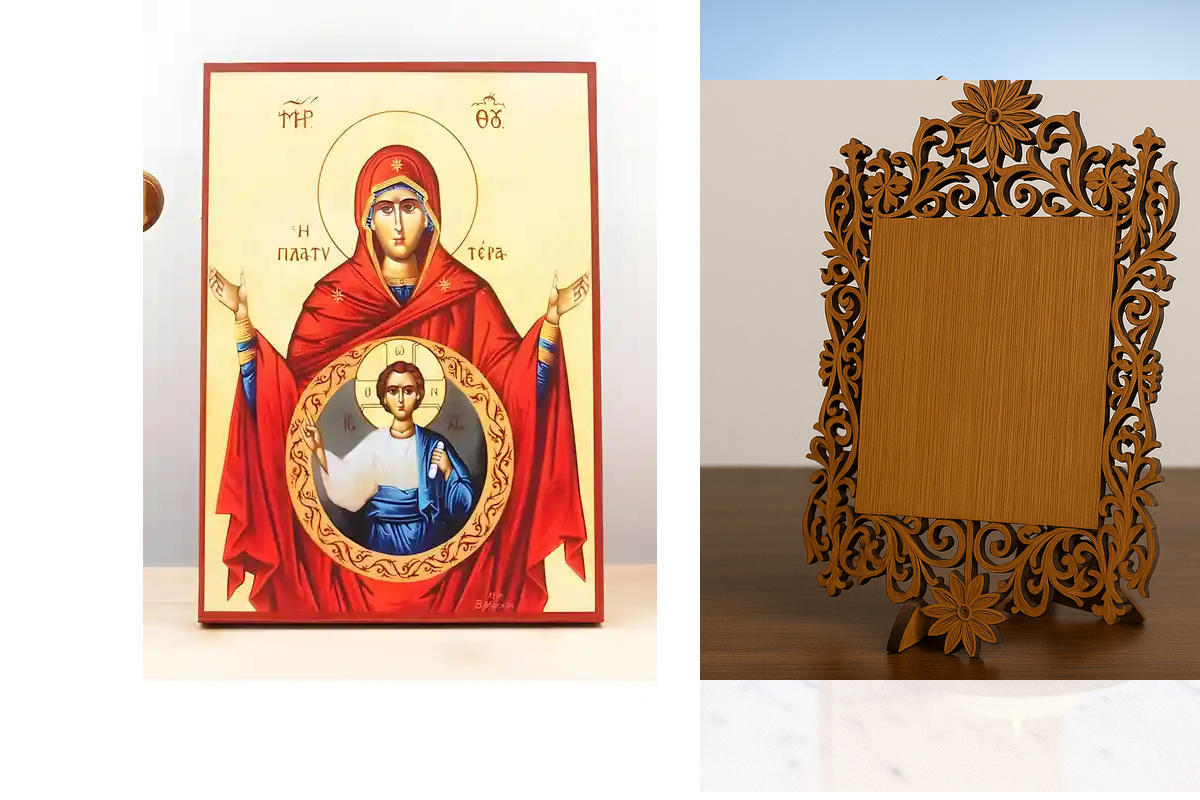 Εικόνα Ορθοδοξίας Δαντέλα μαζι με  Βάση σε  8 χρώματα με περίγραμμα χρυσό σε ξύλο Plywood (Πλακάζ)   με  βάση Παναγία με τον Ιησού Πιο ευρύχωρο κι από τους ουρανούς «Πλατυτέρα», Ξύλινη Χειροποίητη Εικόνα Ελληνικής Βυζαντινής Στυλ Κρεμαστή σε τοίχο Χειροπο