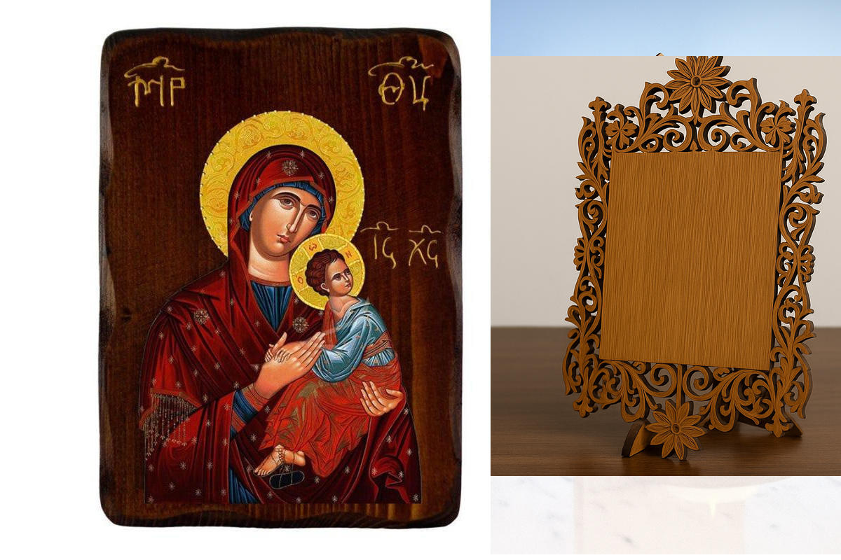 Εικόνα Ορθοδοξίας Δαντέλα μαζι με  Βάση σε  8 χρώματα με περίγραμμα χρυσό σε ξύλο Plywood (Πλακάζ)   με  βάση Παναγία η Βασίλισσα των Αγγέλων Εικόνα, Χειροποίητη Ξύλινη εικόνα Παναγίας Βασιλίσσας Αγγέλων, τοίχος βυζαντινής τέχνης, θρησκευτικό δώρο, χριστι