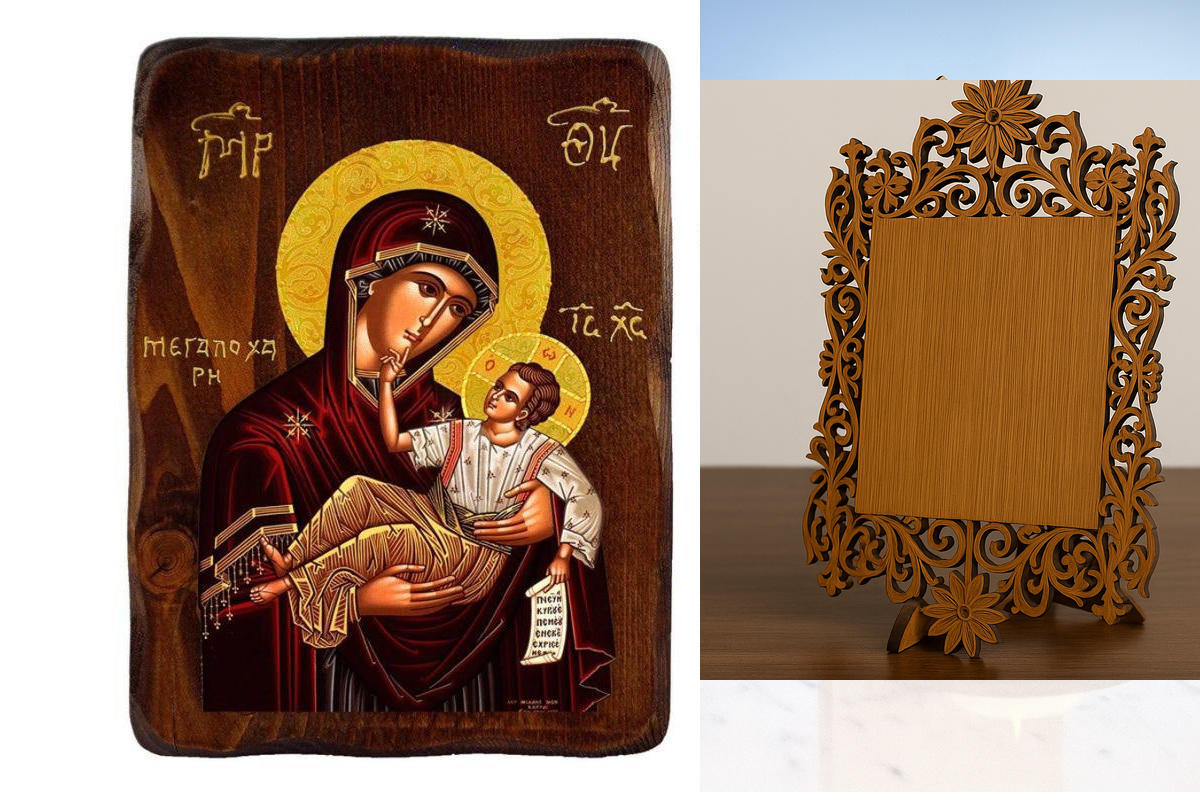 Εικόνα Ορθοδοξίας Δαντέλα μαζι με  Βάση σε  8 χρώματα με περίγραμμα χρυσό σε ξύλο Plywood (Πλακάζ)   με  βάση Εικόνα της Παναγίας της Μεγάλης Χάριτος, Χειροποίητη ελληνική εικόνα της Παναγίας της Μεγαλόχαρης, επιτοίχια πλάκα βυζαντινής τέχνης, θρησκευτικό