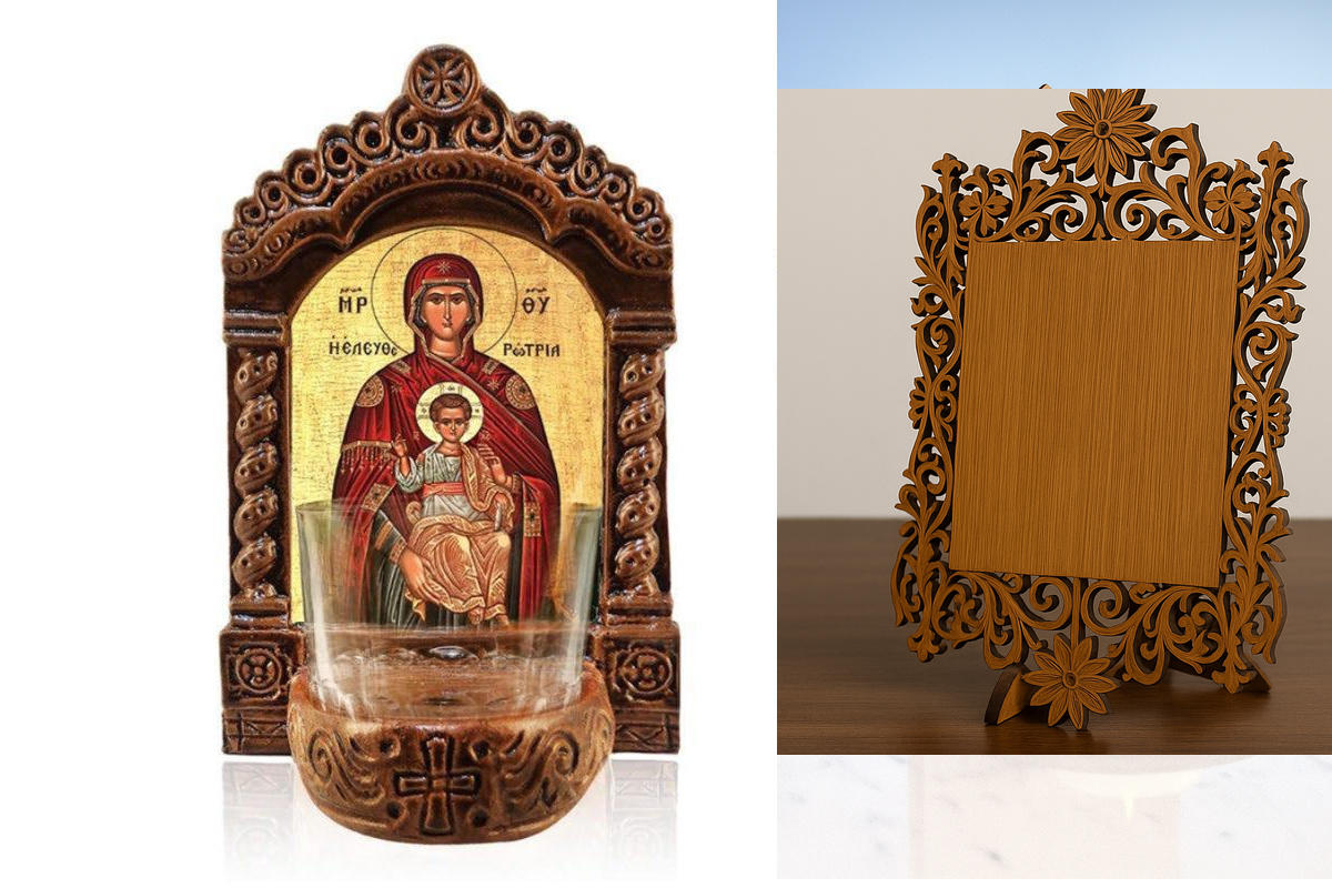 Εικόνα Ορθοδοξίας Δαντέλα μαζι με  Βάση σε  8 χρώματα με περίγραμμα χρυσό σε ξύλο Plywood (Πλακάζ)   με  βάση Παναγία της Ελευθερώτριας Λυχνία, Παναγία η λυτρωτής Κεραμική επιτραπέζια εικόνα, Παναγία Ελευθερώτρια Αγρυπνία με κύπελλο Διάσταση 40x30 cm (15,