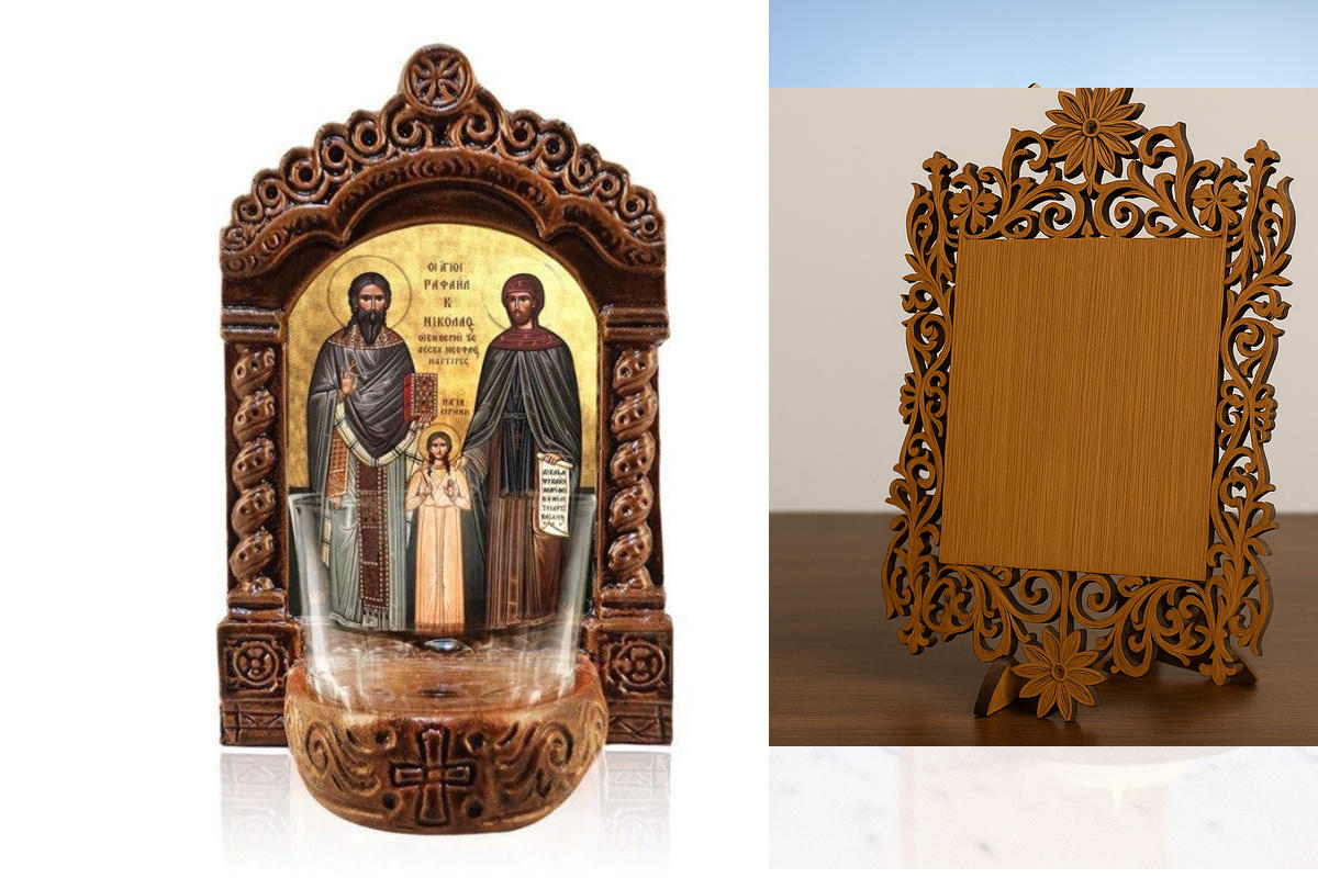 Εικόνα Ορθοδοξίας Δαντέλα μαζι με  Βάση σε  8 χρώματα με περίγραμμα χρυσό σε ξύλο Plywood (Πλακάζ)   με  βάση Λάμπα Αγρυπνίας Αγίου Ραφαήλ, Νικολάου και Ειρήνης, Λάμπα Αγρυπνίας Αγίου Ραφαήλ, Νικολάου και Ειρήνης, Χειροποίητο Κεραμικό Φωτιστικό Αγρυπνίας