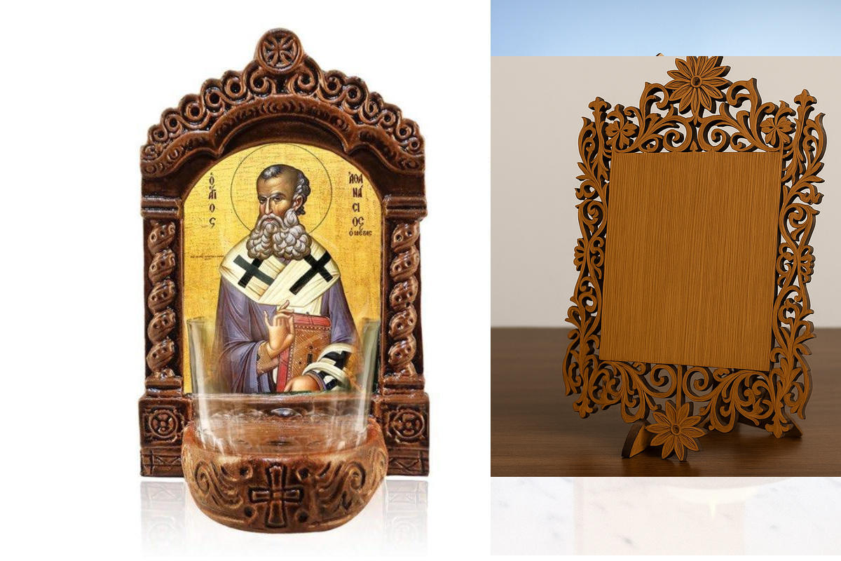 Εικόνα Ορθοδοξίας Δαντέλα μαζι με  Βάση σε  8 χρώματα με περίγραμμα χρυσό σε ξύλο Plywood (Πλακάζ)   με  βάση Φωτιστικό Αγρυπνίας Αγίου Αθανασίου, Εικόνα Αγίου Αθανασίου ο Μέγας Επιτραπέζιο, Χειροποίητο Κεραμικό Φωτιστικό με Γυάλινο Κύπελλο Διάσταση 40x30