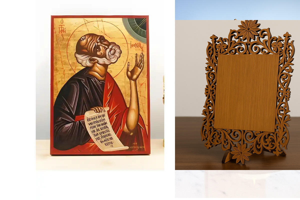 Σετ 2 τεμαχίων – Εικόνα Ορθοδοξίας Δαντέλα μαζι με  Βάση σε  8 χρώματα με περίγραμμα χρυσό σε ξύλο Plywood (Πλακάζ)   με  βάση Άγιος Προφήτης Ιωνάς, Ξύλινη Χειροποίητη Εικόνα Ελληνικού Premium Βυζαντινού Στυλ Κρεμαστή σε ξύλινη πλάκα Θρησκευτικό θέμα Χειρ