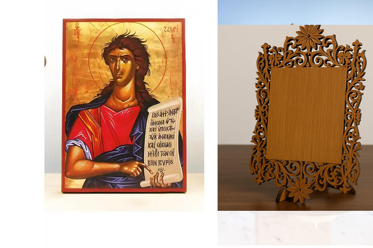 Σετ 2 τεμαχίων – Εικόνα Ορθοδοξίας Δαντέλα μαζι με  Βάση σε  8 χρώματα με περίγραμμα χρυσό σε ξύλο Plywood (Πλακάζ)   με  βάση Άγιος Προφήτης Ζαχαρίας, Ξύλινη Χειροποίητη Εικόνα Ελληνικού Premium Βυζαντινού Στυλ Κρεμαστή σε ξύλινη πλάκα Θρησκευτικό θέμα Χ