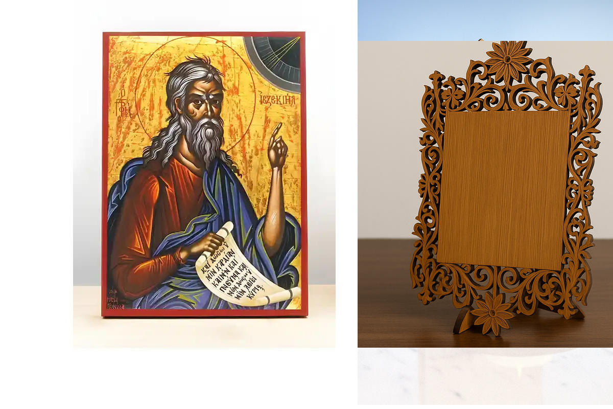 Σετ 2 τεμαχίων – Εικόνα Ορθοδοξίας Δαντέλα μαζι με  Βάση σε  8 χρώματα με περίγραμμα χρυσό σε ξύλο Plywood (Πλακάζ)   με  βάση Άγιος Προφήτης Ιεζεκιήλ, Ξύλινη Χειροποίητη Εικόνα Ελληνικού Premium Βυζαντινού Στυλ Κρεμαστή σε ξύλινη πλάκα Θρησκευτικό θέμα Χ