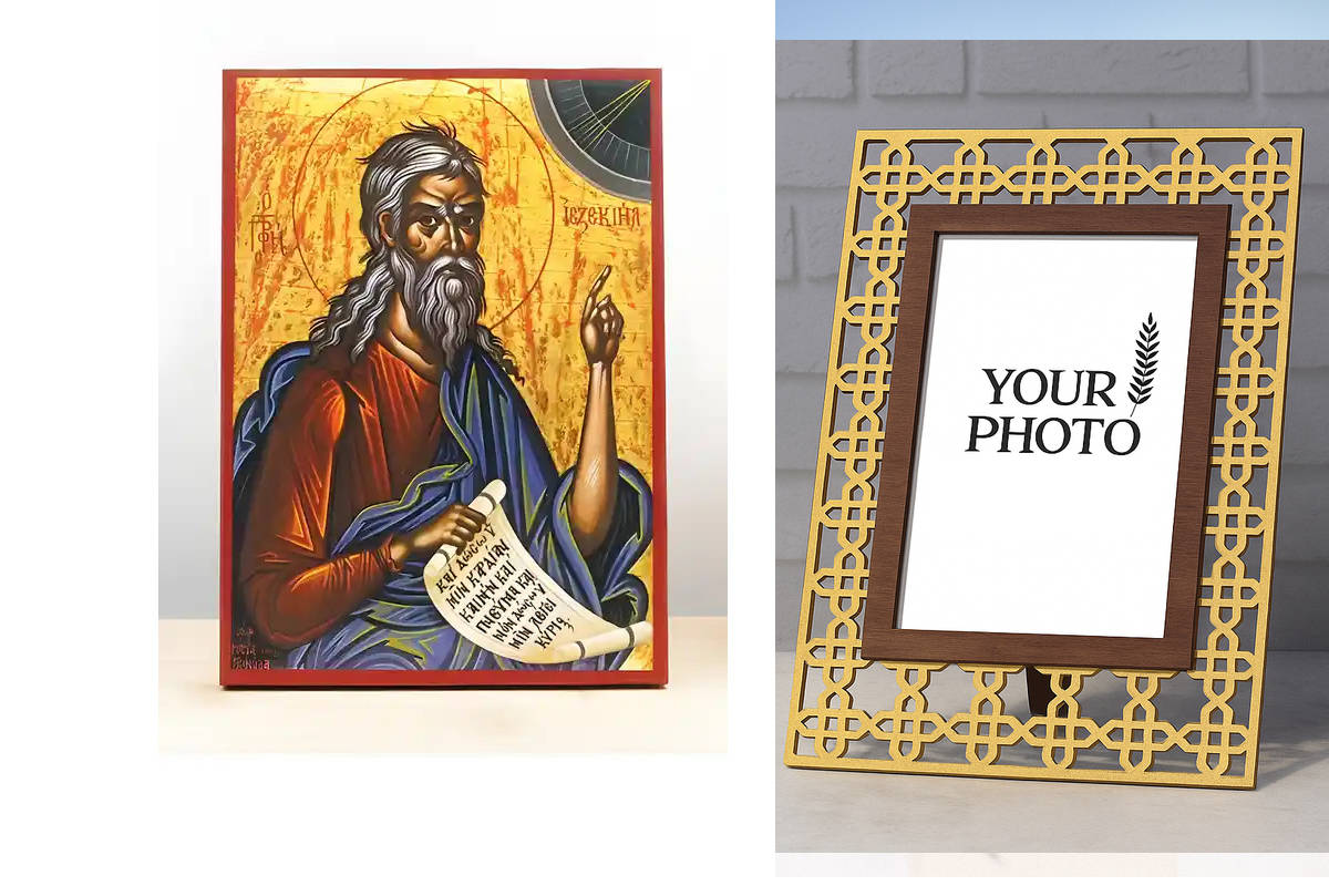 Εικόνα Ορθοδοξίας Πολυτελείας  με  σχεδιο Σταυρούς μαζι με  Βάση σε  8 χρώματα με περίγραμμα χρυσό σε ξύλο Plywood (Πλακάζ)   με  βάση Άγιος Προφήτης Ιεζεκιήλ, Ξύλινη Χειροποίητη Εικόνα Ελληνικού Premium Βυζαντινού Στυλ Κρεμαστή σε ξύλινη πλάκα Θρησκευτικ