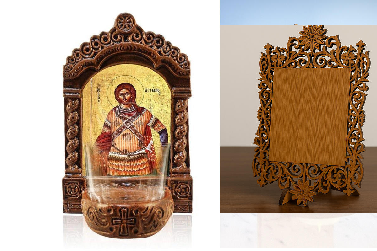 Εικόνα Ορθοδοξίας Δαντέλα μαζι με  Βάση σε  8 χρώματα με περίγραμμα χρυσό σε ξύλο Plywood (Πλακάζ)   με  βάση Φωτιστικό Αγρυπνίας Άγιος Αρτέμιος, Χειροποίητη Επιτραπέζια Εικόνα Αγίου Αρτεμίου, Κεραμικό ελληνόφωτο με γυάλινο κύπελλο Διάσταση 40x30 cm (15,8