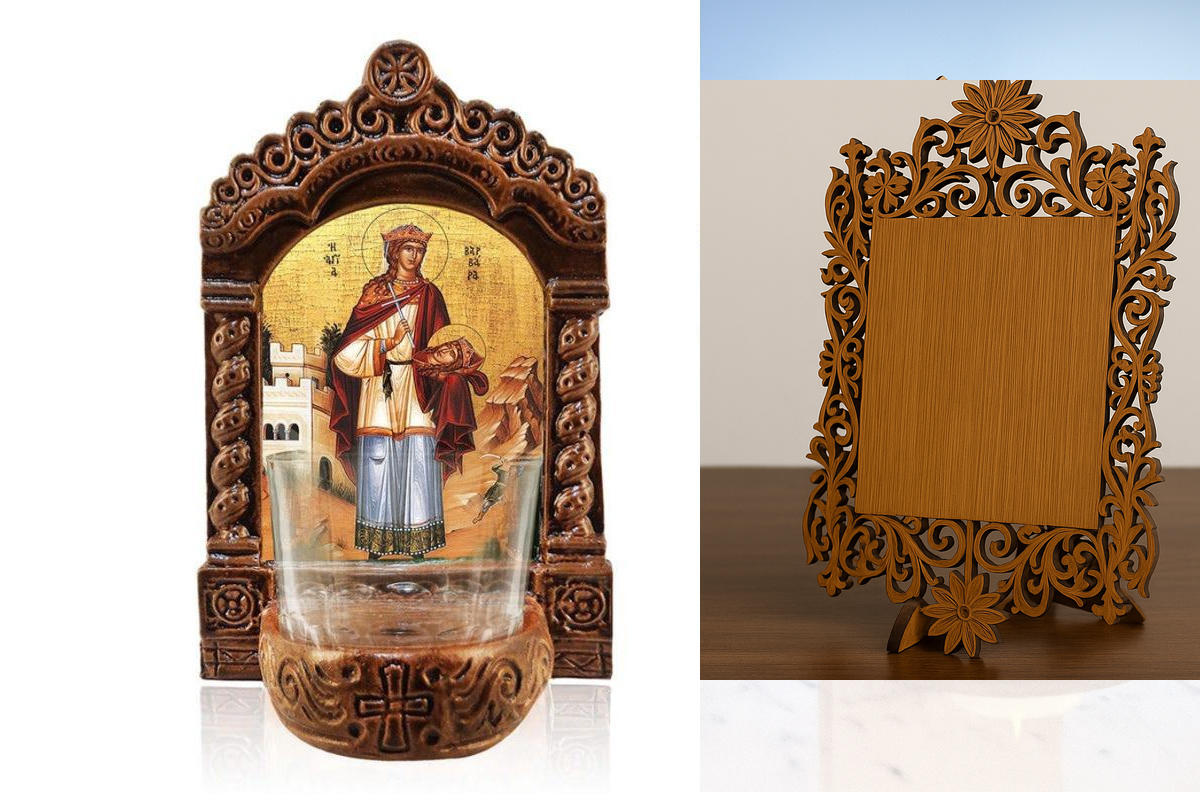 Εικόνα Ορθοδοξίας Δαντέλα μαζι με  Βάση σε  8 χρώματα με περίγραμμα χρυσό σε ξύλο Plywood (Πλακάζ)   με  βάση Φωτιστικό Αγρυπνίας Αγίας Βαρβάρας, Επιτραπέζια εικόνα Αγίας Βαρβάρας η Μεγαλομάρτυς, Χειροποίητο Κεραμικό Φανάρι με γυάλινο κύπελλο Διάσταση 40x