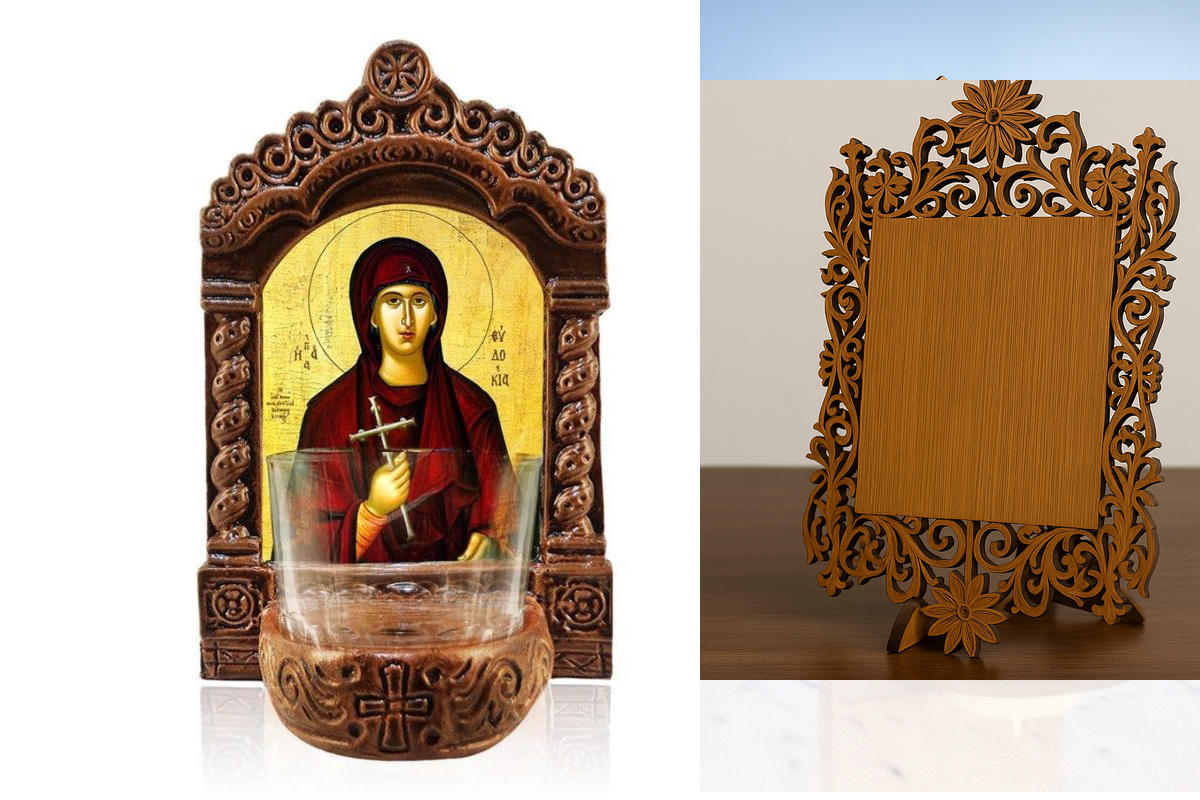 Εικόνα Ορθοδοξίας Δαντέλα μαζι με  Βάση σε  8 χρώματα με περίγραμμα χρυσό σε ξύλο Plywood (Πλακάζ)   με  βάση Φωτιστικό Αγρυπνίας Αγίας Ευδοκίας, Επιτραπέζια εικόνα Αγίας Ευδοκίας Ελληνικής κατασκευής, Χειροποίητο Κεραμικό Φωτιστικό με Γυάλινο Κύπελλο Διά