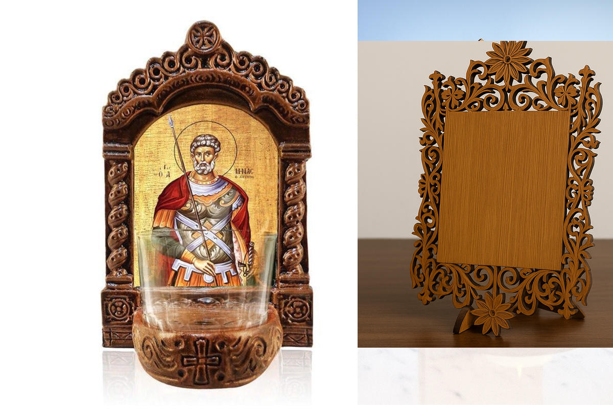 Εικόνα Ορθοδοξίας Δαντέλα μαζι με  Βάση σε  8 χρώματα με περίγραμμα χρυσό σε ξύλο Plywood (Πλακάζ)   με  βάση Φωτιστικό Αγρυπνίας Αγίας Μίνας, Επιτραπέζια Εικόνα Ελληνικής κατασκευής Αγίας Μίνας, Χειροποίητο Κεραμικό Φωτιστικό με Γυάλινο Κύπελλο Διάσταση