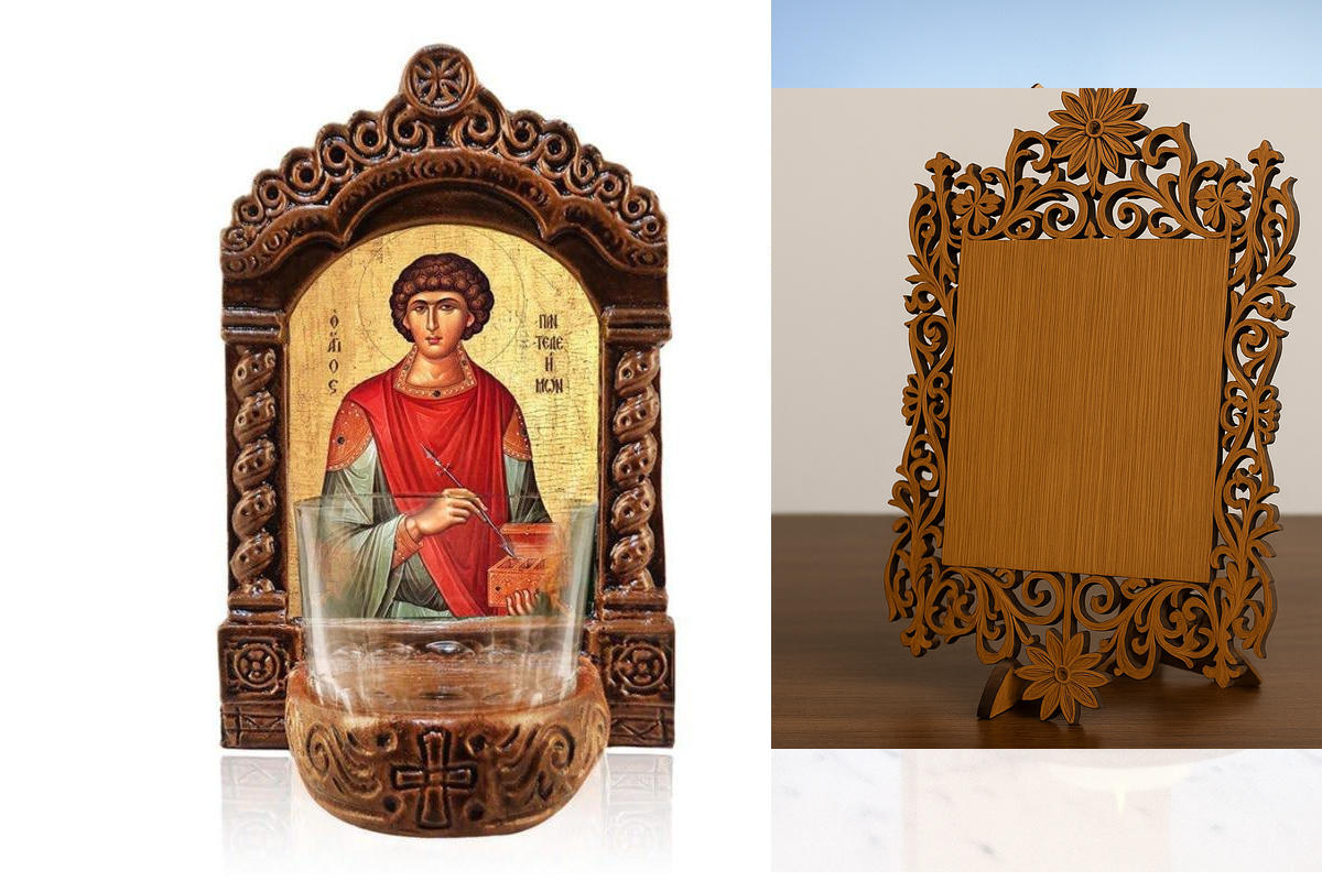 Εικόνα Ορθοδοξίας Δαντέλα μαζι με  Βάση σε  8 χρώματα με περίγραμμα χρυσό σε ξύλο Plywood (Πλακάζ)   με  βάση Αγρυπνός Αγίου Παντελεήμονα, Άγιος Παντελεήμονας ο Μεγαλομάρτυρας Ελληνικής κατασκευής Επιτραπέζια εικόνα, Χειροποίητο Κεραμικό Φανάρι με Γυάλινο