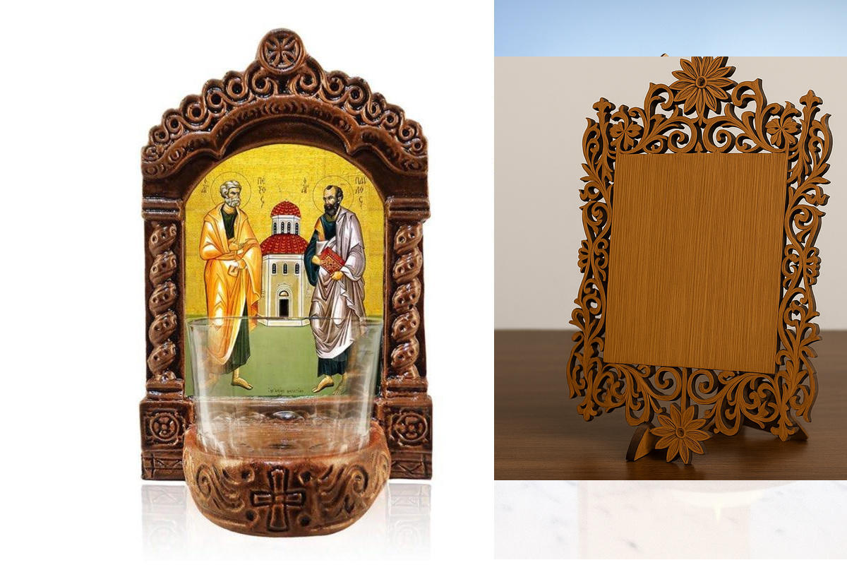 Εικόνα Ορθοδοξίας Δαντέλα μαζι με  Βάση σε  8 χρώματα με περίγραμμα χρυσό σε ξύλο Plywood (Πλακάζ)   με  βάση Φωτιστικό Αγρυπνίας Αγίου Πέτρου και Παύλου, Επιτραπέζια εικόνα των Αγίων Πέτρου και Παύλου Ελληνικής κατασκευής, Χειροποίητο Κεραμικό Φωτιστικό