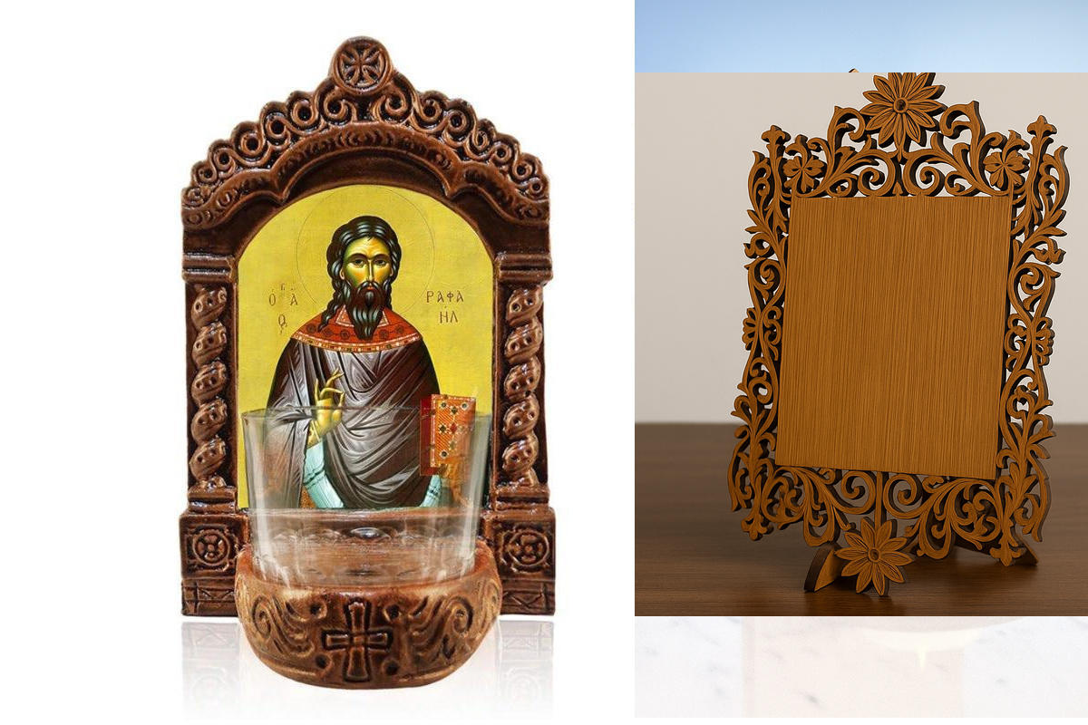 Εικόνα Ορθοδοξίας Δαντέλα μαζι με  Βάση σε  8 χρώματα με περίγραμμα χρυσό σε ξύλο Plywood (Πλακάζ)   με  βάση Φωτιστικό Αγρυπνίας Αγίου Ραφαήλ, Επιτραπέζια Εικόνα Ελληνικής κατασκευής Αγίου Ραφαήλ, Χειροποίητο Κεραμικό Φωτιστικό με Γυάλινο Κύπελλο Διάστασ