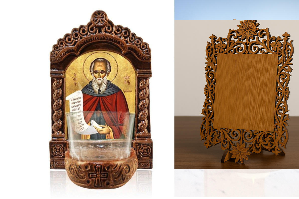 Εικόνα Ορθοδοξίας Δαντέλα μαζι με  Βάση σε  8 χρώματα με περίγραμμα χρυσό σε ξύλο Plywood (Πλακάζ)   με  βάση Αγρυπνός Άγιος Σάββας, Άγιος Σάββας ο Αγιασμένος Ελληνικής κατασκευής Επιτραπέζια εικόνα, Χειροποίητο Κεραμικό Φωτιστικό Αγρυπνίας με Γυάλινο Κύπ