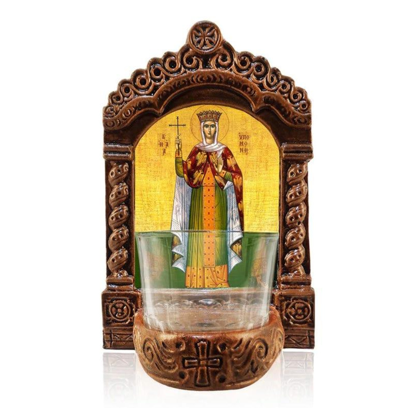 Εικόνα Ορθοδοξίας με περίγραμμα χρυσό σε ξύλο Φλαμουρίας  με  βάση Φωτιστικό Αγρυπνίας Saint Hypomone, Εικονίδιο Επιτραπέζιας Ελληνικής κατασκευής Saint Hypomone, Χειροποίητο Κεραμικό Φωτιστικό με Γυάλινο Κύπελλο Διάσταση 40x30 cm (15,8 x 11,8 ίντσες)INTR